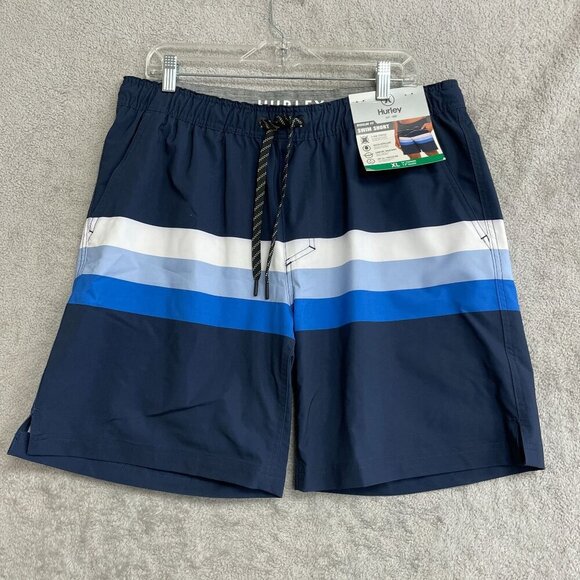 NEW Hurley Men's XL Regular Fit Swim Shorts Navy Blue & Striped Polyester - Picture 2 of 6